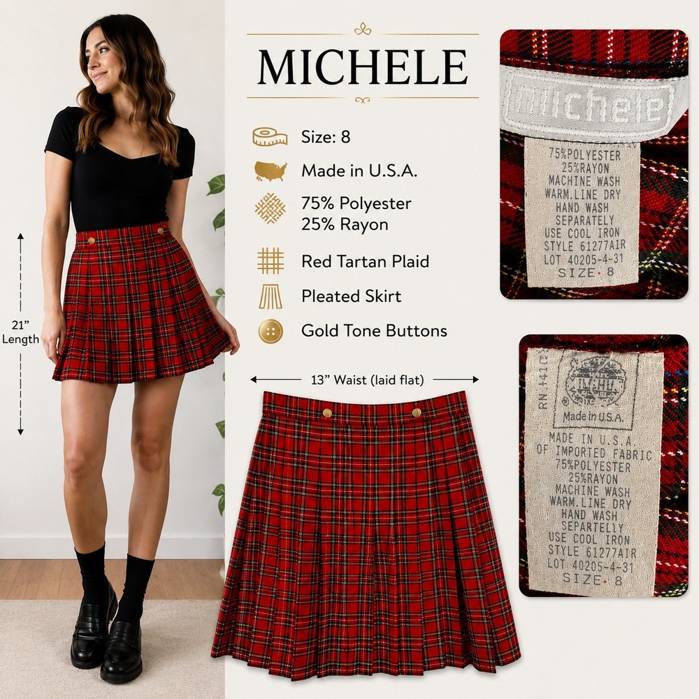 Vintage Michele Red Tartan Plaid Pleated Small Mini Skirt 8 Made in USA Preppy - Picture 2 of 9